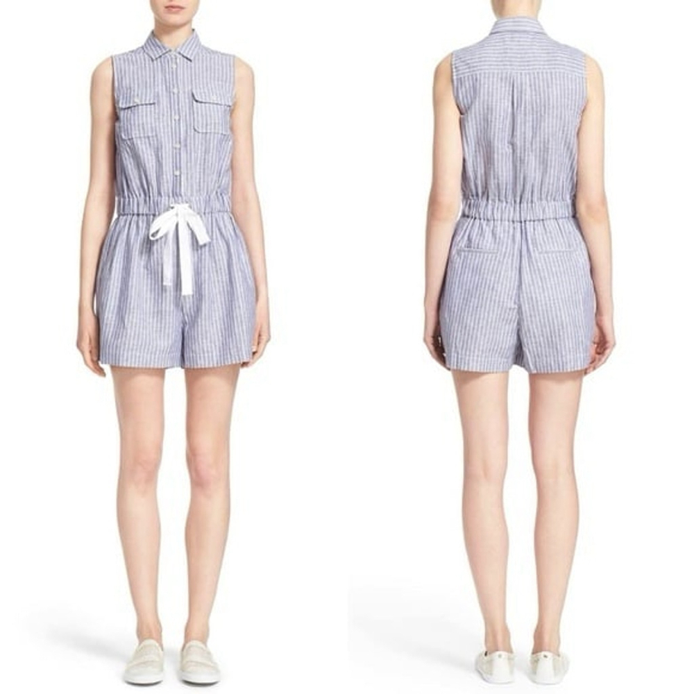 Kate Spade Broome Street Linen White/Blue Stripe Romper Size M